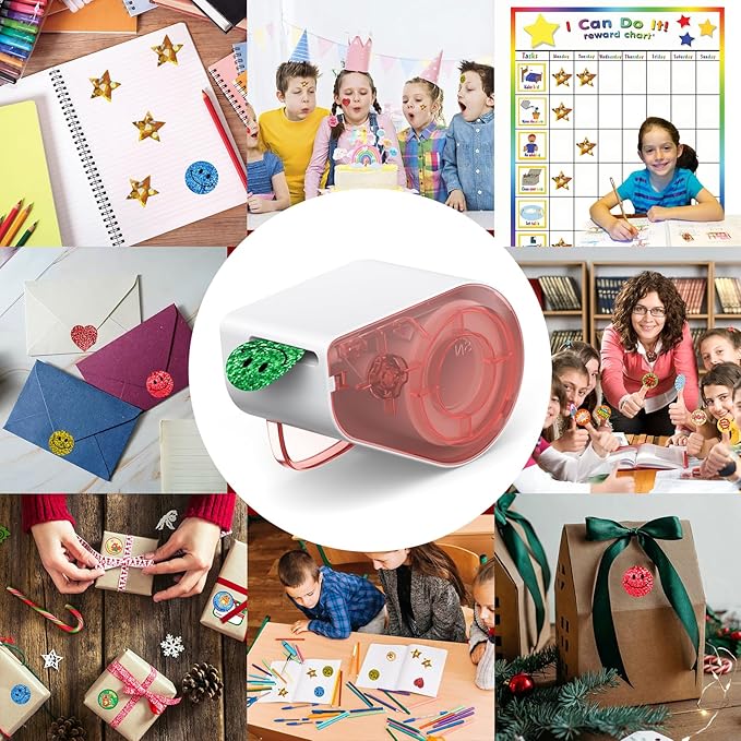 Manual Sticker Dispenser for Rolls of Stickers with 1520Pcs 1Inch Gold Star,Red Heart,Smiley Face Stickers for Kids Reward,Behavior Chart,School Classroom Student Teacher Supplies Gifts(Red)