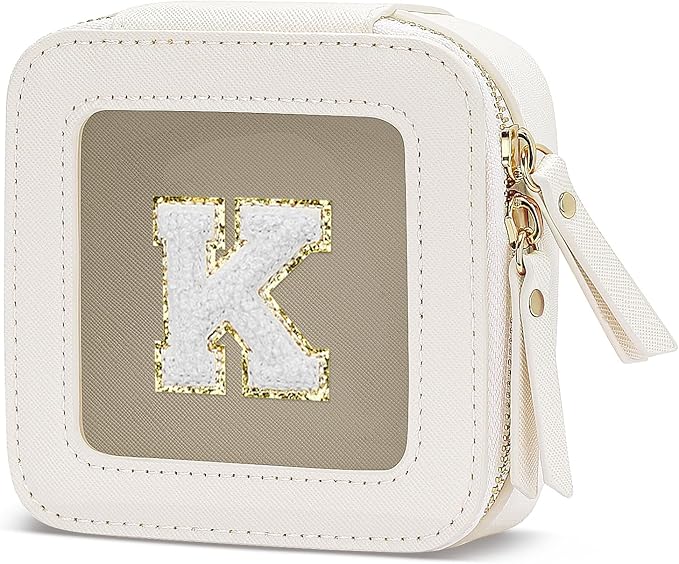 Initial Travel Toiletry Bag - Cosmetic Bags for Girls with Zipper, Clear & Potable Girls Makeup Bag for Travel, Small Cosmetic Pouch Perfect Gifts for Graduation (Beige, K)