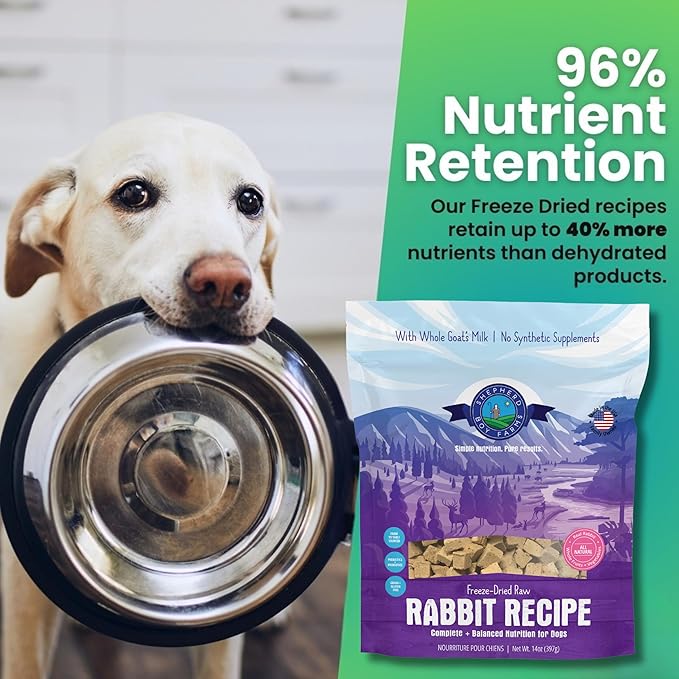 Shepherd Boy Farms Freeze Dried Raw Dog Food, Rabbit Recipe, All Natural, No Synthetics, Made in USA with Goat's Milk & Organic Produce, High Protein, Complete Meal (14oz)