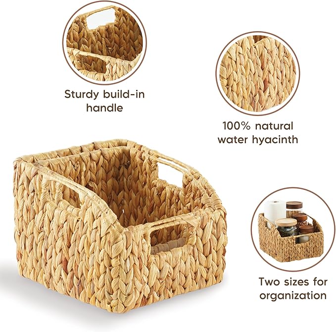Greenatural Water Hyacinth Storage Baskets Set of 2, Handwoven Rectangular Organizer Trays with Built-in Handles in 2 Sizes, Nested Wicker Bins for Shelf, Bathroom, Kitchen, Office, Natural Decor