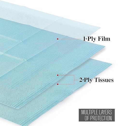 JMU 125 Pack Dental Bibs, 3-Ply Disposable Dental Bibs 13" x 18" Patient Bibs, Blue