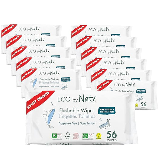 Eco by Naty Flushable Baby Wipes - Compostable and Plant-Based Wipes, Chemical-Free and Hypoallergenic Baby Wipes Safe for Baby Sensitive Skin, 56 Wipes Per Pack (12 Pk)
