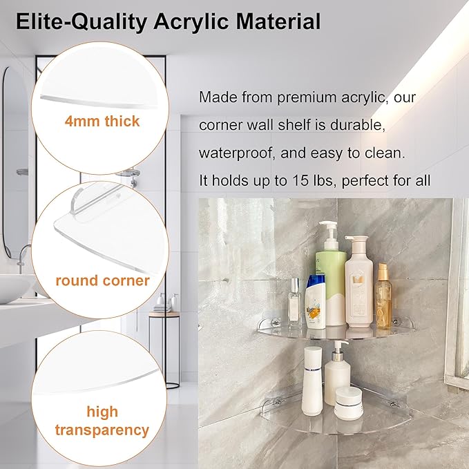 Acrylic Corner Shelves, Adhesive Shelf, Shower Caddy Organizer for Home Decor,Clear Shower Shelf,No Drilling Wall Mounted Bathroom Shelves (Clear 10 inch 2 set)