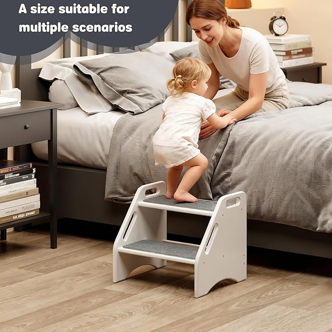 AMBIRD Wooden Step Stool with Washable and Removable Mats, Toddler Step Stools 300 lbs Capacity with Non-Slip Pads and Handles, Kid Step Stool for Kitchen, Bathroom, Bedroom (White with Gray Mats)