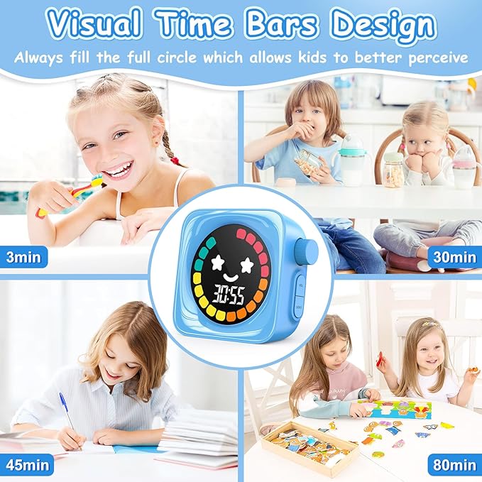 Visual Timer for Kids, 99 Minute Digital Cute Kids Visual Timer Classroom for Homeschool Supplies Study Teaching Time Management Tool Countdown & Stopwatch, Blue with Colorful Display