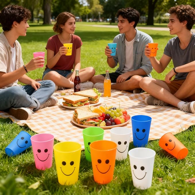 Plastic Cups Set for Kids Kitchen Drinking & Toothbrush Rinse, 260ml Reusable Colored Unbreakable Smiling Face Bathoom Mouthwash Tumbler Brushes, Kids Speed Training Stackable Cup