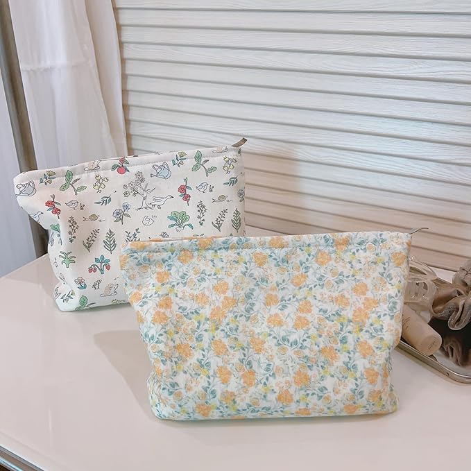 HAPPYHEIDI Large Floral Cotton Makeup Bag Cosmetic Travel Pouch, Make Up Purse Organizer, Canvas Lined Cute Creamy White