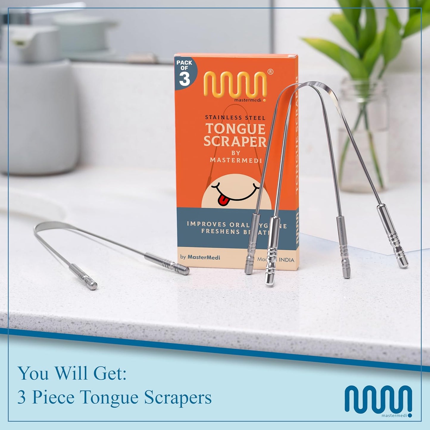 MasterMedi Tongue Scraper for Adults, 100% Stainless Steel Tongue Scrubber for Bad Breath, Easy to Use, Tongue Cleaner for Oral Care & Hygiene (SS Pack of 3)