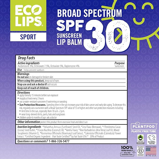 Eco Lips Classic Sport Broad Spectrum Sunscreen Lip Balm 6-Pack - Made in USA (Classic Vanilla SPF 30)