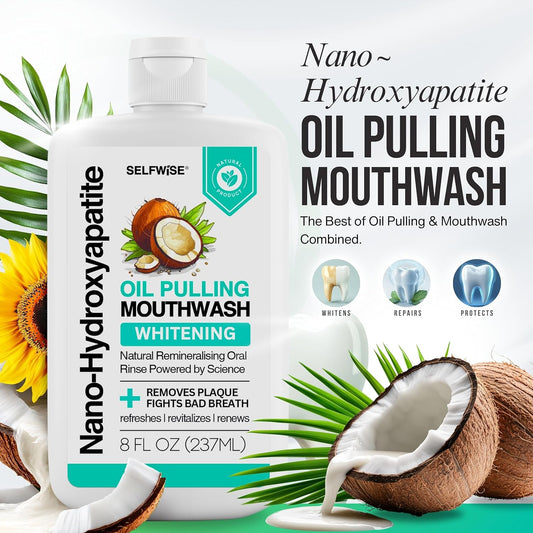 Nano-Hydroxyapatite Oil Pulling Whitening Mouthwash for Teeth and Gums, Natural & Organic, Whitens Teeth, Strengthens Enamel, Fights Bad Breath & Plaque – Smooth & Non-Greasy – for Adults & Kids
