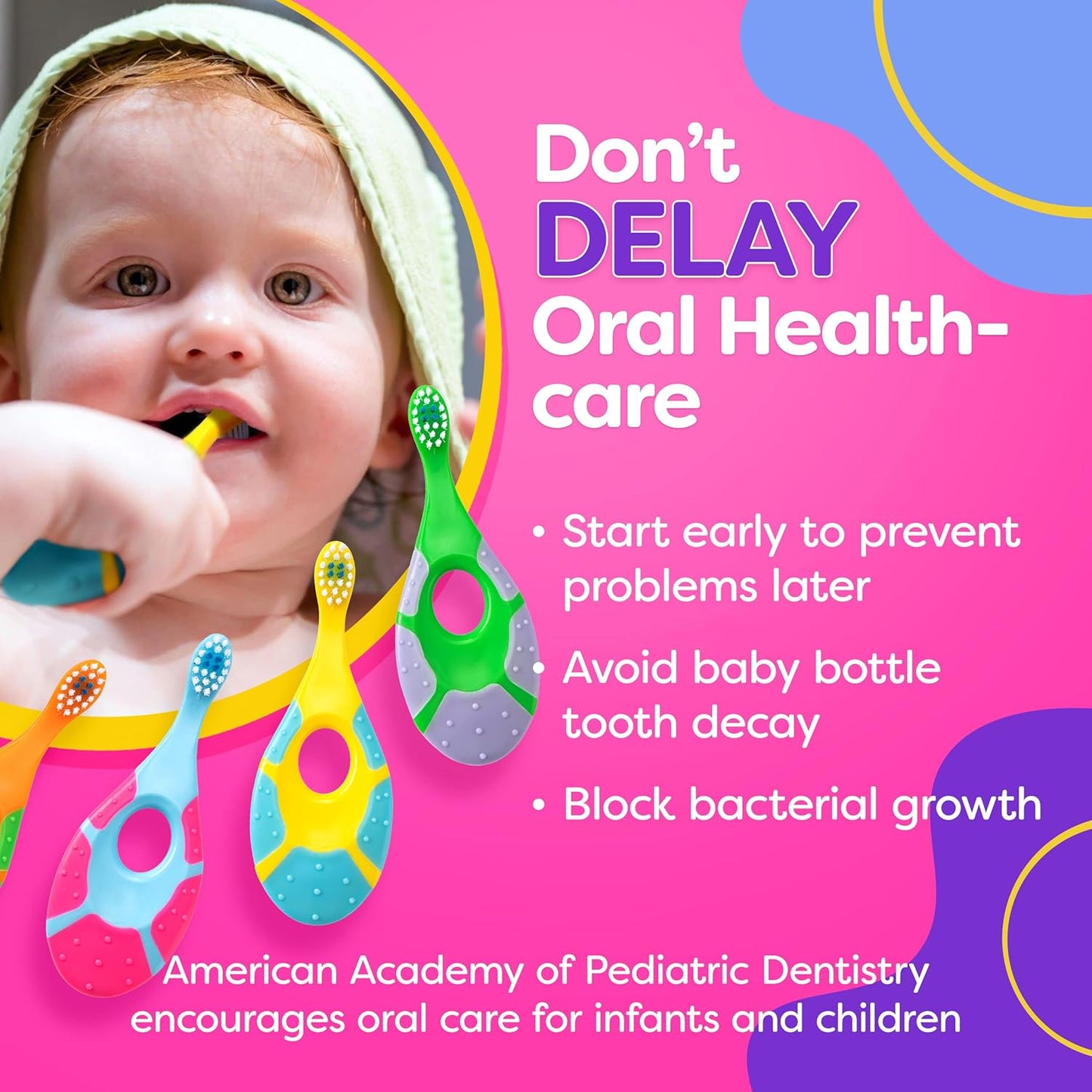 Baby Toothbrush 12 months and up - Toddler Toothbrush - Soft Bristles - Child Sized Brush Heads - infant toothbrush - Kids Tooth Brush - Easy Storage - Unisex Girl & Boy Set (4-Pack, Multi-Color)