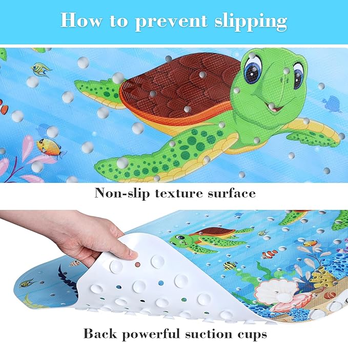 Bath Mat for Tub Non Slip, Machine Washable Anti-Slip Cartoon Baby Bathtub Shower Mat with Drain Holes and Suction Cups for Toddler & Kids, 40 Inch x 16 Inch, Red Turtles