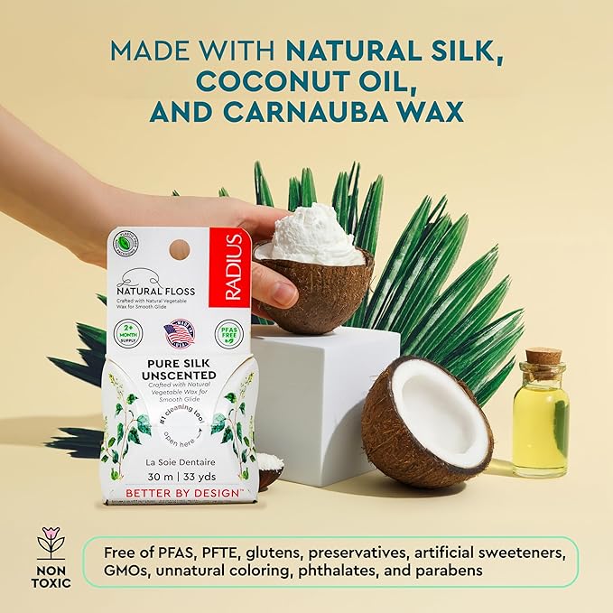 RADIUS Dental Floss, Natural Floss, Unscented Silk, 33 Yards, Compostable & Non-Toxic Oral Care Designed to Help Fight Plaque, Pack of 3