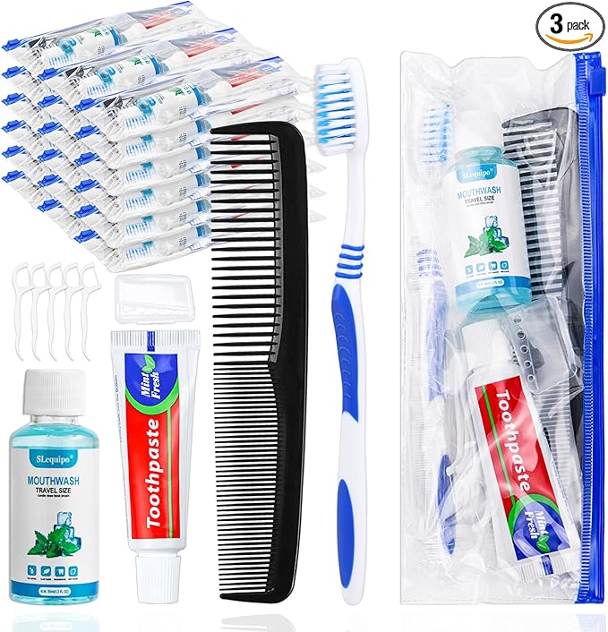 3 Set Travel Toothbrush Kit Bulk,Disposable Toothbrush with Toothpaste Set with Mouthwash,Toothpaste,Cover,Comb,Zip Bag,Floss Picks,Toothbrushes Set for Homeless,Travel