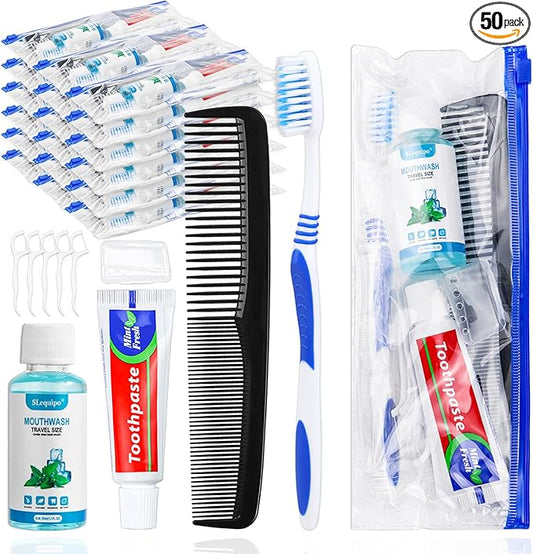 50 Set Travel Toothbrush Kit Bulk,Disposable Toothbrush with Toothpaste Set with Mouthwash,Toothpaste,Cover,Comb,Zip Bag,Floss Picks,Toothbrushes Set for Homeless,Travel