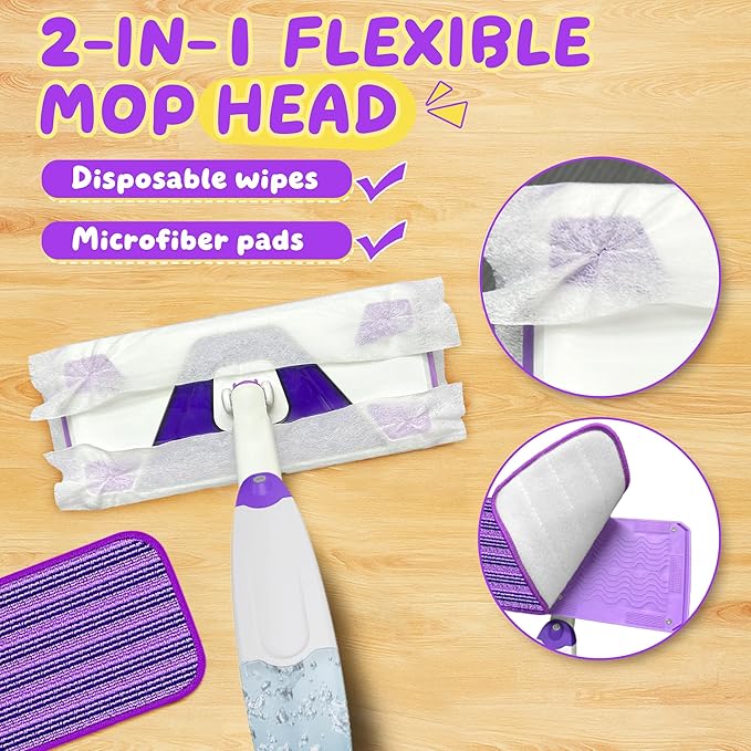 2 Set Toy Mop for Kids - Toddler Real Spray Mop and Flat Floor Mop Montessori Cleaning Toy Set, Educational and Fun Gifts for Boys and Girls Ages 4+