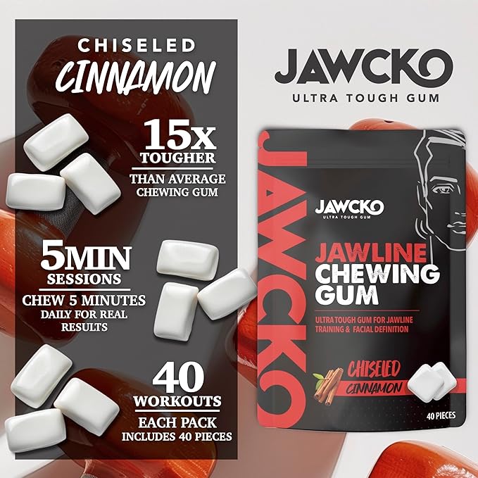 JAWCKO Ultra-tough Jawline Chewing Gum | Get a Stronger, Squarer Jawline | Cinnamon Jaw Training Hard Gum | Chisel, Sculpt, & Tone your Jaw | 15X Hardness | Facial Fitness Mewing Gum | 40 Pieces/Pack