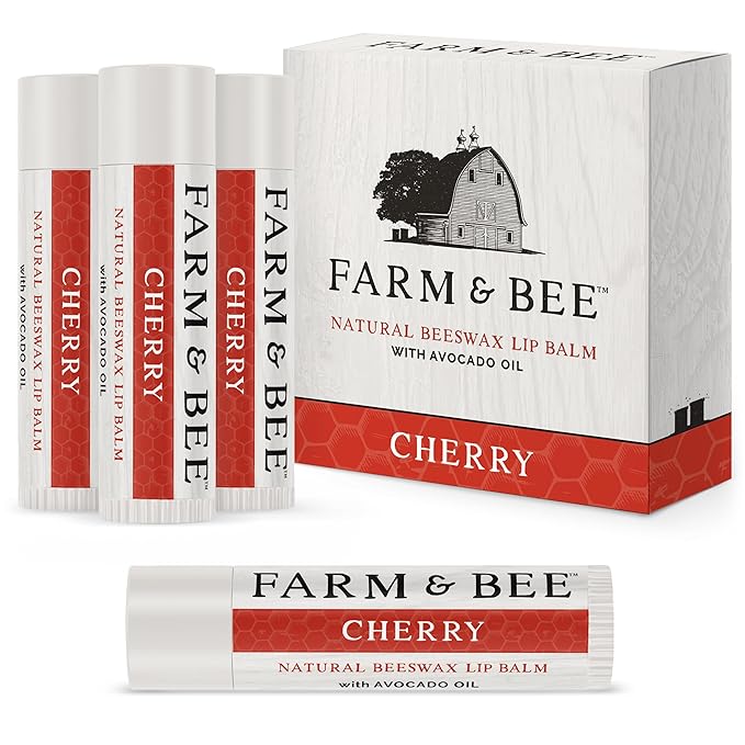 Natural Lip Balm - Organic & Natural Ingredients - Beeswax Based Moisturizing Lip Care Chapstick for Chapped Lips - Great Gift Idea - Farm & Bee - 0.15oz (Pack of 4 - Cherry)
