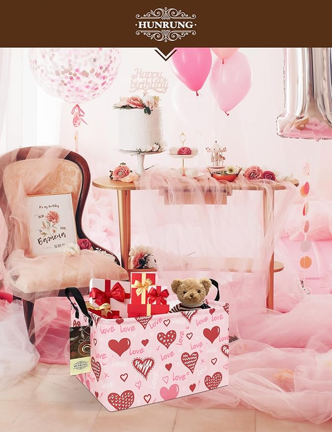 HUNRUNG Rectangle Storage Basket Cute Canvas Organizer Bin for Pet/Children Toys, Books, Clothes Perfect for Rooms/Playroom(REC-Pink Love Heart)