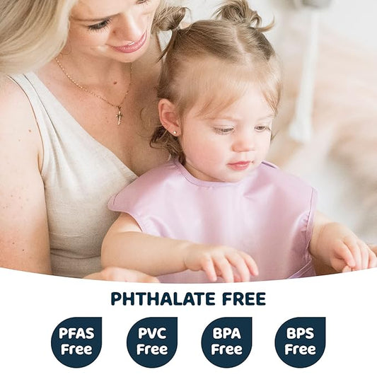 Tiny Twinkle Mess-Proof Baby Bibs for Eating | Waterproof, Wipeable Toddler Bibs with Catch-All Pocket | Feeding Bibs for Girls & Boys(3 Pack,Taupe, Rose)