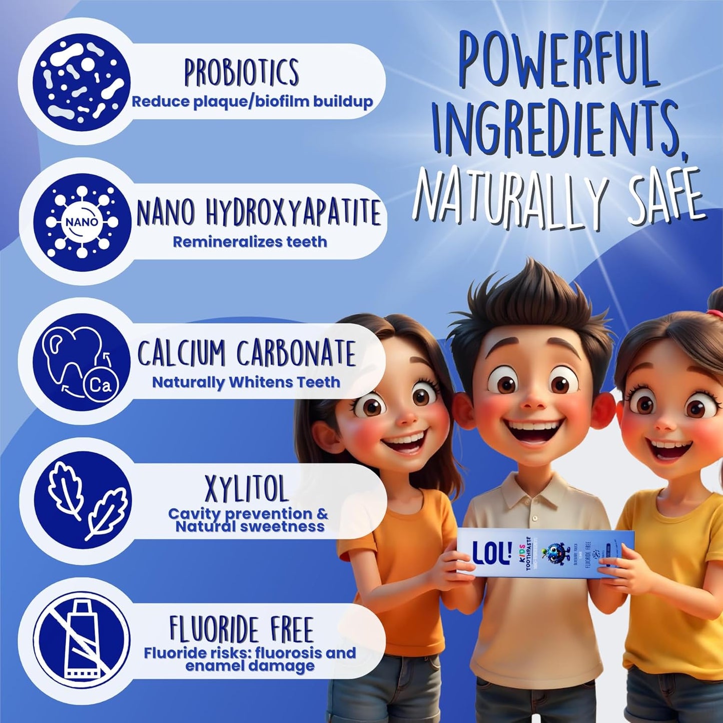 LOL Kids Toothpaste No Fluoride, Nano Hydroxyapatite Toothpaste, Probiotics, Xylitol Tooth Paste Kids | Remineralizing | Natural | Plant-Based Foam | Pasta De Dientes para Niños (Blueberry 3.5oz)