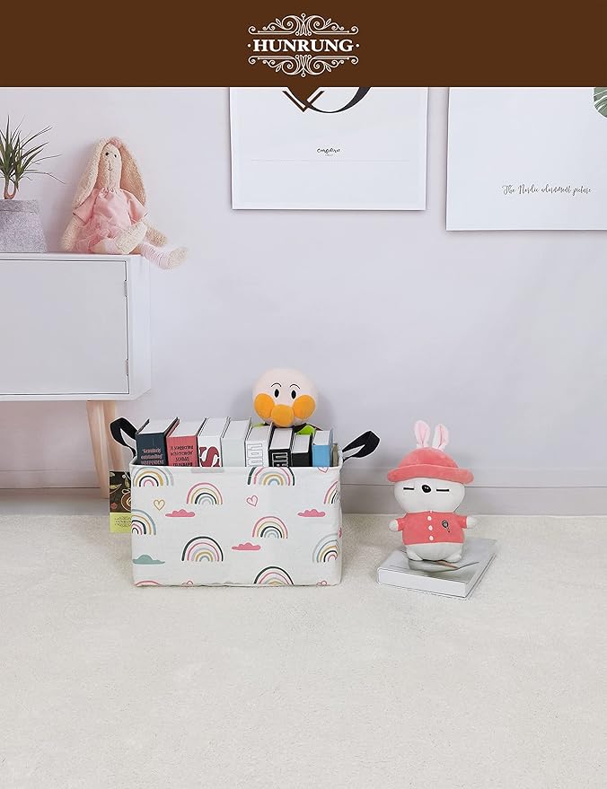 HUNRUNG Rectangle Storage Basket Cute Canvas Organizer Bin for Pet/Children Toys, Books, Clothes Perfect for Rooms/Playroom(Rec-Rainbow)