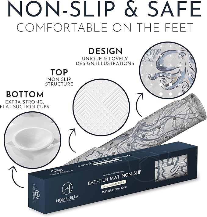 Homerella Baby Bath Tub Mat | Anti Mold Mildew Resistant Non Slip Kids and Adult Bath Tub Shower Mats | 40x16 inch Long with Suction Cups for Secure Grip Hooks for Storage & Drying | Machine Washable