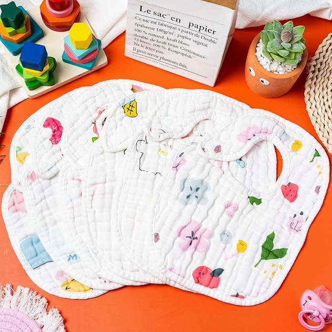 Zainpe 6Pcs Snap Muslin Cotton Baby Bibs Star Cat Rabbit Pattern Adjustable Feeding Bib Machine Washable Unisex Burp Cloths with 6 Absorbent & Soft Layers for Infant Toddler Newborn Eating Drooling