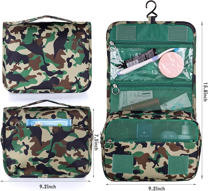 Kids Hanging Toiletry Bag for Boys, Travel Toiletry Bag for Little Young Boys Waterproof Wash Bag Toddler Traveling Toiletries, Dinosaur Camo