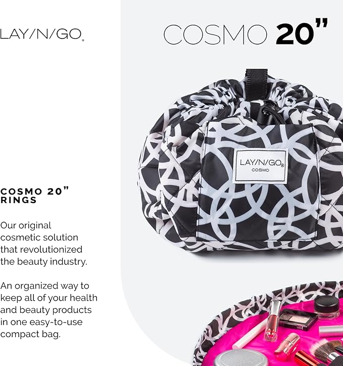 Lay-n-Go Cosmo Layflat Drawstring Cosmetic & Makeup Bag Organizer w/Zipper Pocket, Brush Loops & More, Cinch to Close, Lay Flat to Use, Durable, Machine Wash, Travel Toiletry Bag (20", Black/White)
