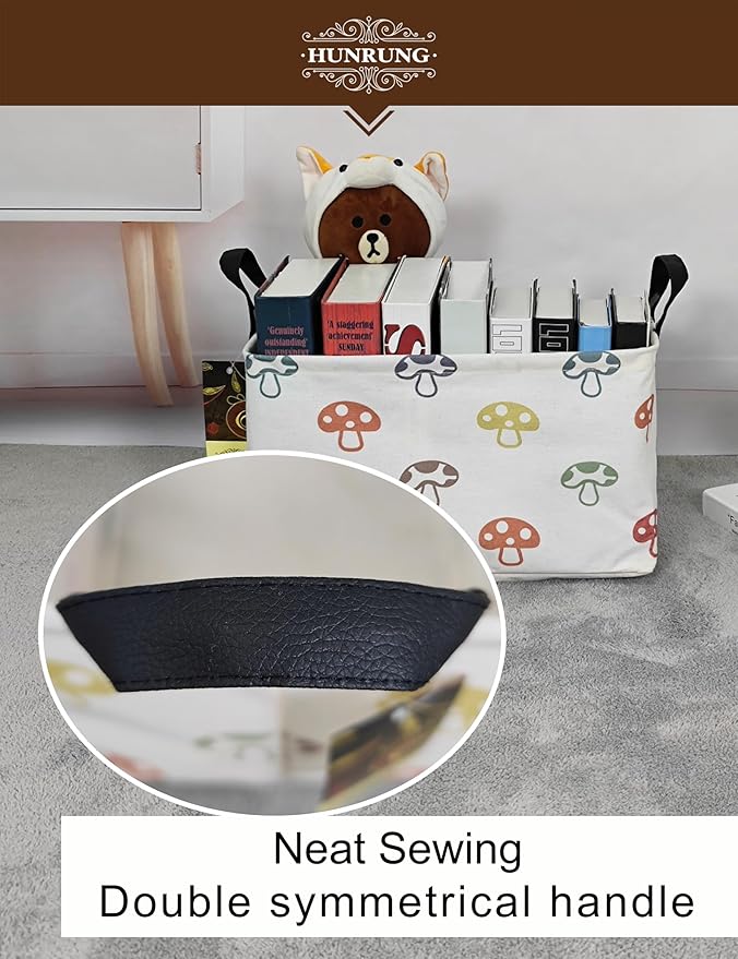 HUNRUNG Rectangle Storage Basket Cute Canvas Organizer Bin for Pet/Children Toys, Books, Clothes Perfect for Rooms/Playroom(REC-Color Mushroom)