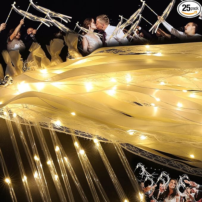 25 Pcs Wedding Wands Ribbon Streamers with 3 Colorful Flashing Modes, Light up LED Silk Fairy Wands, Glow Lace Stick with Bells for Wedding Reception, Graduation, New Year, Birthday Party (Warm White)