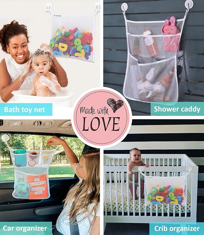 2 x Large Bath Toy Holder, Kids Bath Tub Toy Basket, Corner Mesh Bag, Baby Bathtub Storage Organizer, Bathroom Net Bucket, Toddler Shower Caddy Hanging Bin with 6 Suction Cups, 4 Adhesive Wall Hooks