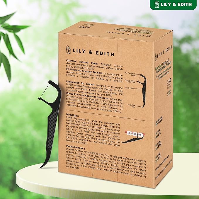 LILY & EDITH Orthodontic Flossers for Braces for Adult & Kid, 240 Count, Ortho Dental Floss Picks, Fluoride & Chemical Free, Fits Under Arch Wire, Bamboo Charcoal Flosser Remove Plaque, Unflavored