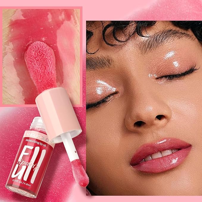 Anglicolor 2PC Lip Oil and Metallic Glitter Pink Lipstick,Natural Lip Plumper,Fruit Flavoured Lip Oil,For Dry Lip's Moisturizing Hydrating,Vegan & Cruelty-free (04 Medusa+15)