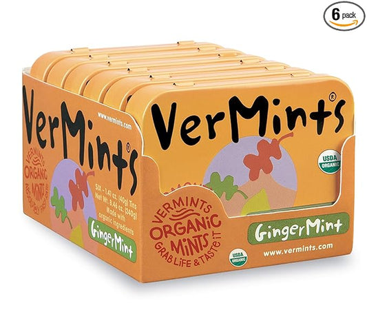 VerMints Organic Breath Mints GingerMint - Real Ginger Flavored Candies - Travel Size Tin - Non-GMO, Nut Free, Gluten Free, Vegan, Kosher Organic Candy Mints - 1.41oz Tins (Pack of 6)