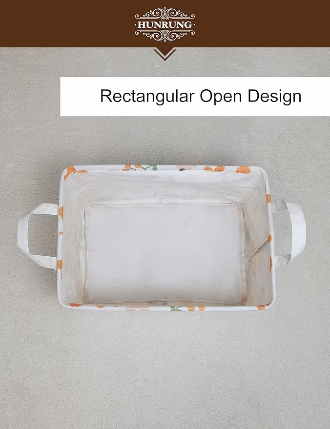 HUNRUNG Rectangle Storage Basket Cute Canvas Organizer Bin for Pet/Children Toys, Books, Clothes Perfect for Rooms/Playroom(Rec-Orange Flower)