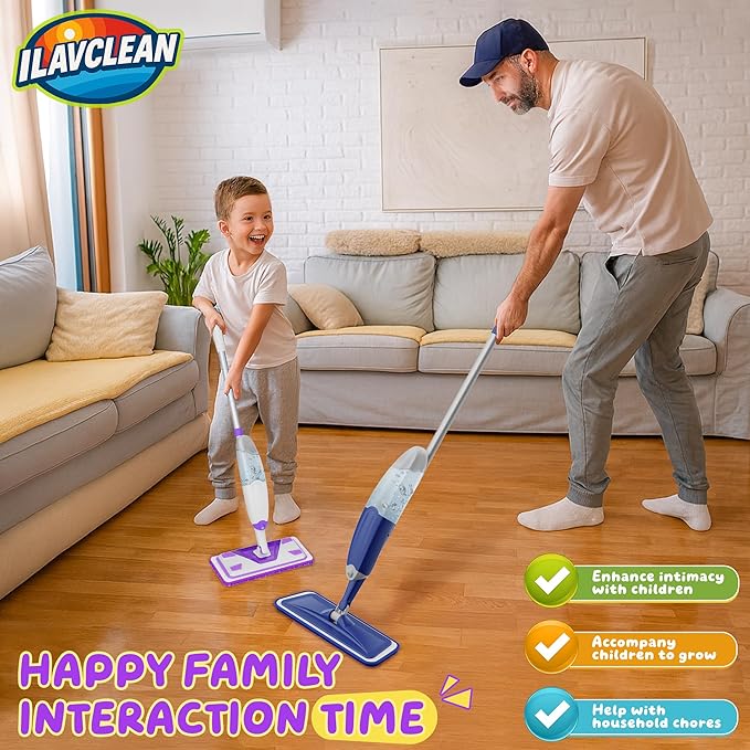 2 Set Toy Mop for Kids - Toddler Real Spray Mop and Flat Floor Mop Montessori Cleaning Toy Set, Educational and Fun Gifts for Boys and Girls Ages 4+