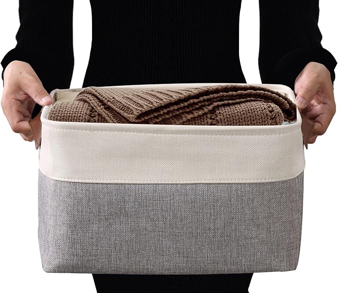 DECOMOMO Storage Baskets for Shelves - Fabric Storage Bins, Linen Closet Organizers and Storage (Grey & White, XL - 3 Pack)