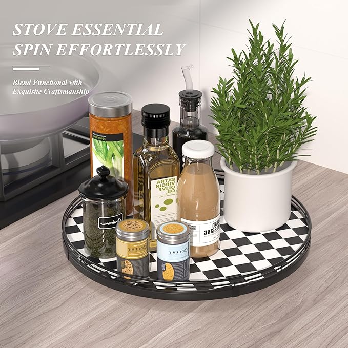 16" Black and White Kitchen Lazy Susan Turntable, Round Checkered Decorative Tray, Large Lazy Susan for Dining Table Centerpiece, Pantry, Kitchen, Bathroom, Countertop, Cupboard, Home Decor