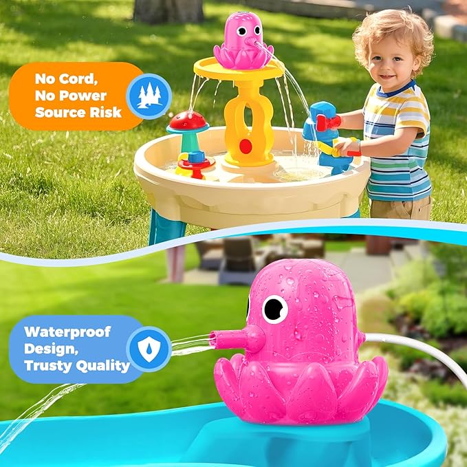 Water Table Pump - Cordless & Rechargeable Water Pump for Water Table with Magnetic Octopus Design, Quick-Install Outdoor Sand/Water Play Toys & Durable Accessories for Toddlers Kids (Pink)