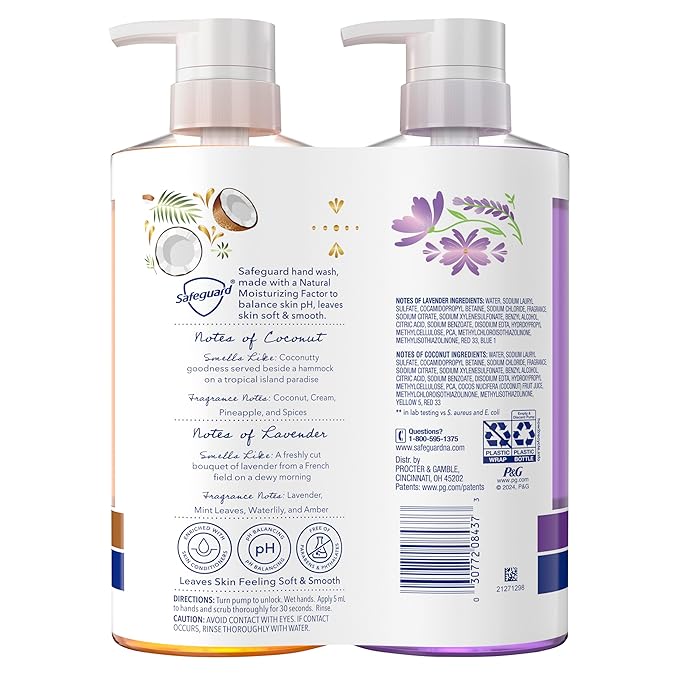 Safeguard Liquid Hand Soap, Micellar Deep Cleansing, Washes Away 99% Bacteria, Made with Natural Moisturizers, Enriched with Skin Conditioners, Coconut & Lavender Scent Twin Pack, 15.5 oz (Pack of 2)