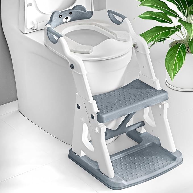 Potty Training Seat, 2 in 1 Potty Training Toilet with Step Stool for Boys Girls, Toddler Toilet Seat with Stabilizer Bar, Anti-Slip Pads and Splash Guard, Grey