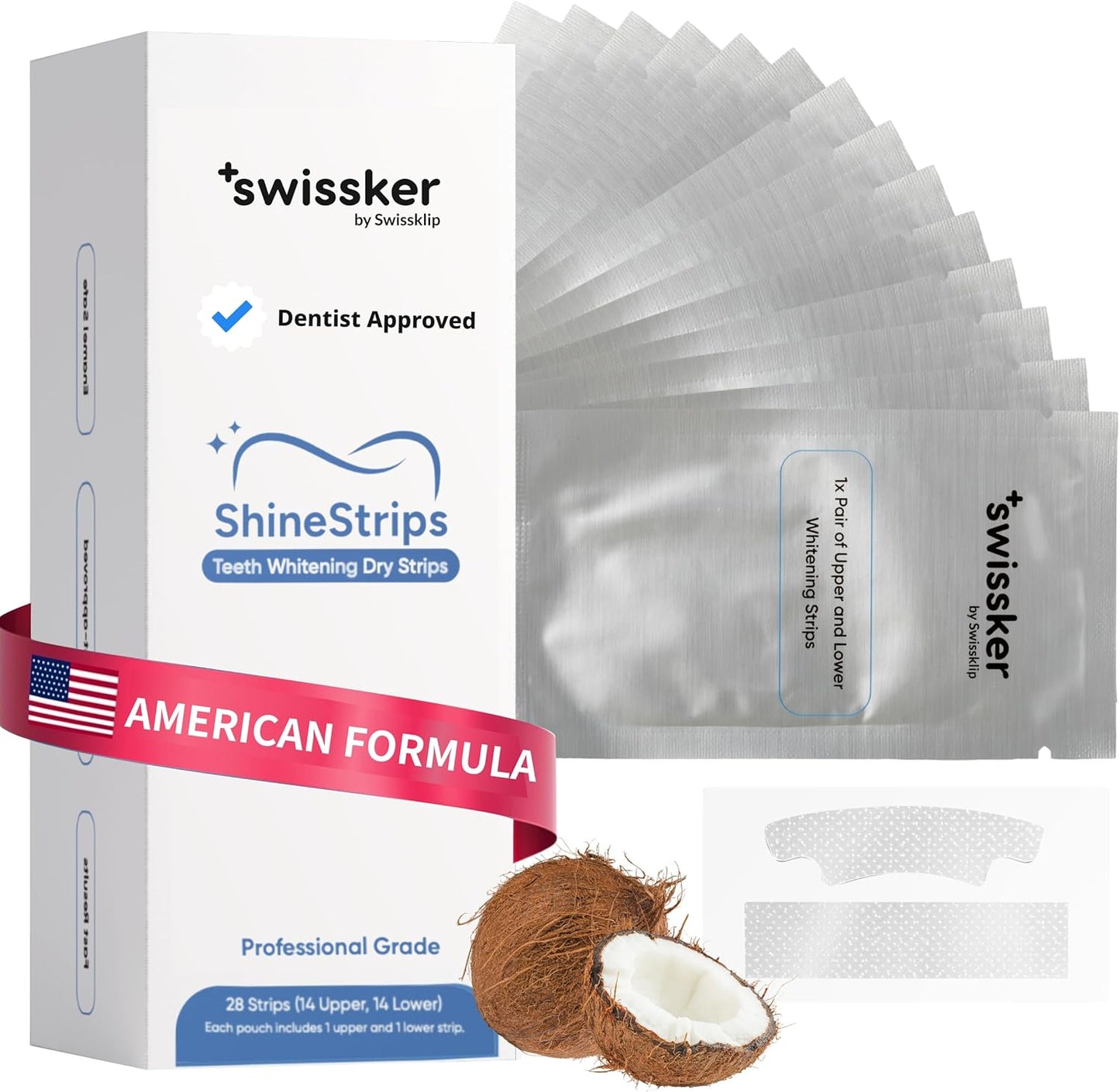 Swissklip ShineStrips Teeth Whitening Strips, Enamel Safe, Dentist Formulated, Visible Results in 2–3 Treatments, 28 Strips (14 Upper + 14 Lower)