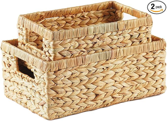 Greenatural Water Hyacinth Storage Baskets Set of 2, Handwoven Rectangular Organizer Trays with Handles in 2 Different Sizes, Nested Wicker Bins for Shelf, Bathroom, Kitchen, Office, Natural Decor