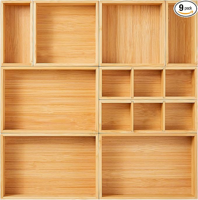 Fabsome Drawer Organizer, Set of 9 Bamboo Wood Kitchen Makeup Desk Junk Tea Drawer Storage Boxes Bins for Cutlery Silverware Utensils Flatware, Small Wooden Container Tray for Bathroom, Office