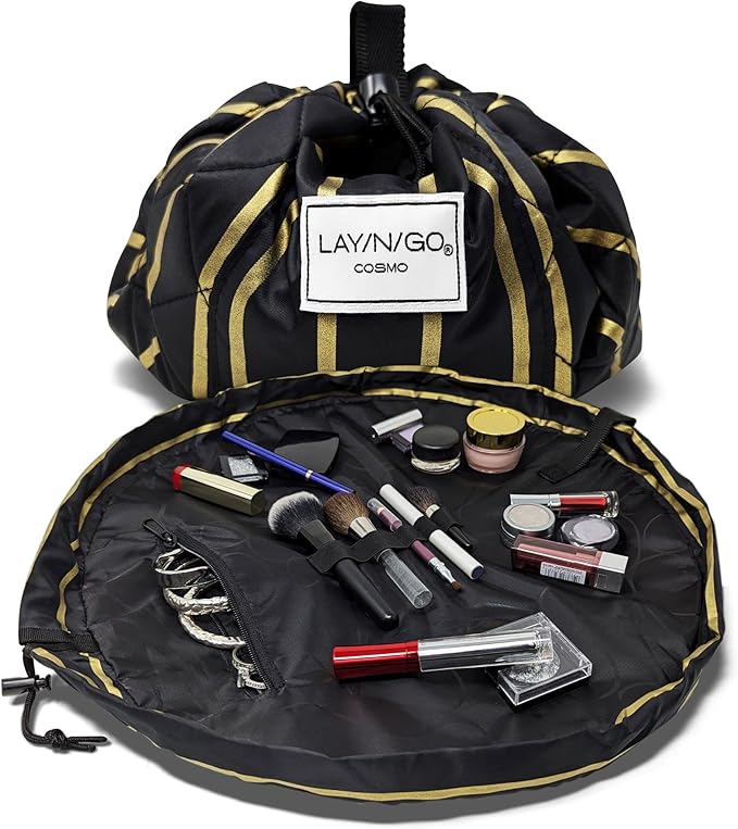 Lay-n-Go Cosmo Drawstring Cosmetic & Makeup Bag Organizer - Portable Drawstring Makeup Bag w/Zipper Pocket, Makeup Loops & More - Durable, Machine Washable Toiletry Bag (20", Black & Gold)