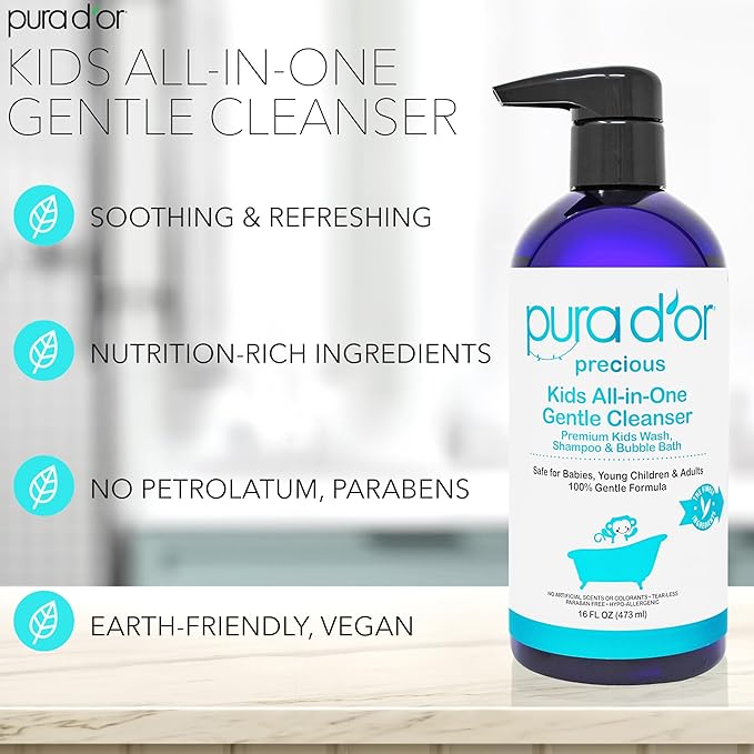 PURA D'OR 16 Oz Kids Wash - All-in-One Gentle Cleanser - USDA Biobased, Sulfate-Free, Tear-Less, Hypoallergenic, Premium, Shampoo & Bubble Bath