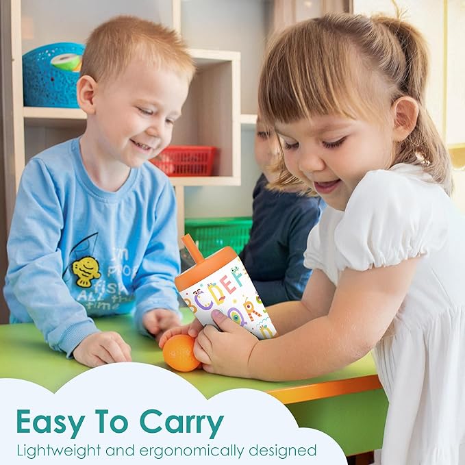 Kid Insulated Stainless Steel Tumbler with Silicone Straw, 12oz Sippy Cup for Kids (Alphabet)