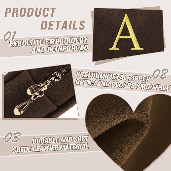 Personalized Initial Makeup Bag,Preppy Suede Cosmetic Bag for Teen Girls,Small Monogram Travel Toiletry Bag With Gold Embroidered Letter,Trendy Stuff Custom Christmas Gift for Women(Coffee-A)